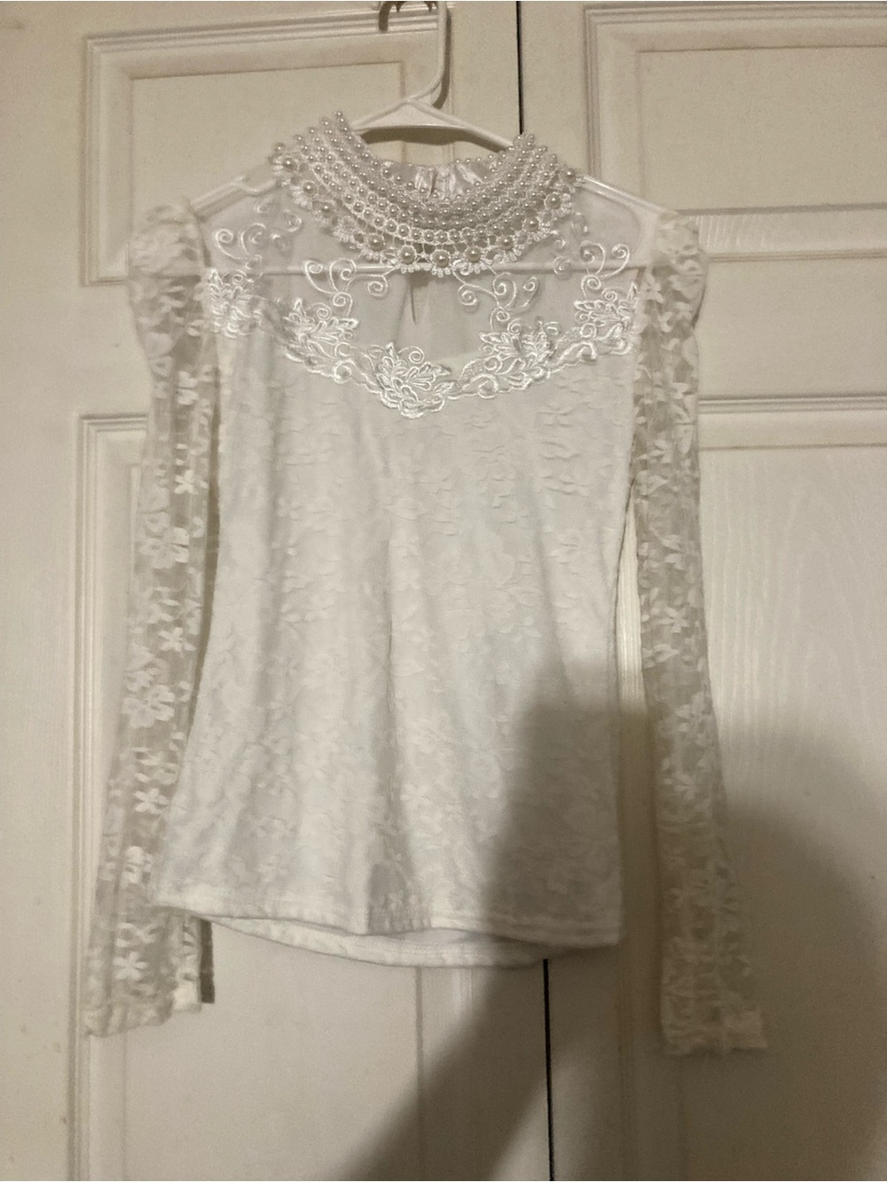 Women’s White Beaded Lace Neck Women's Top Medium